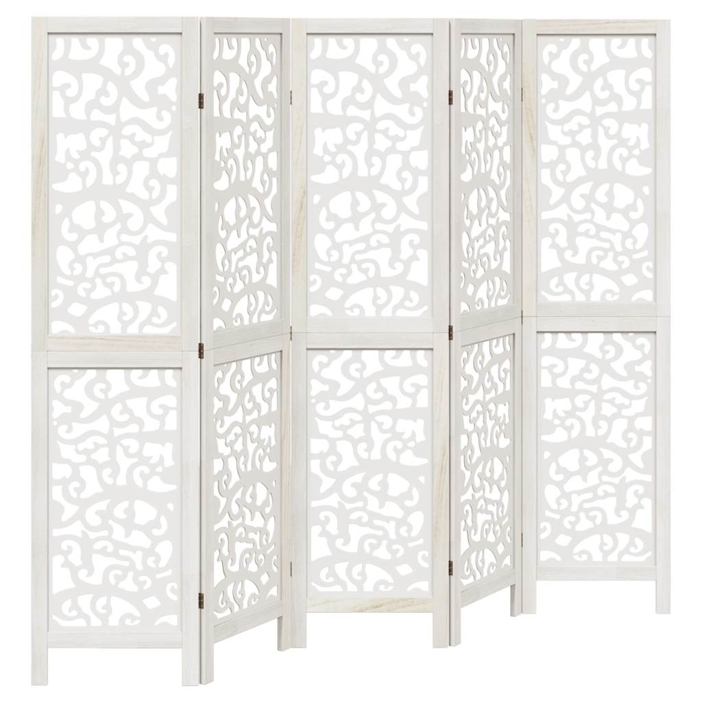 Room Divider 5 Panels White Solid Wood Paulownia